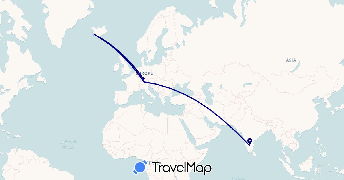 TravelMap itinerary: driving in Austria, Germany, India, Iceland (Asia, Europe)